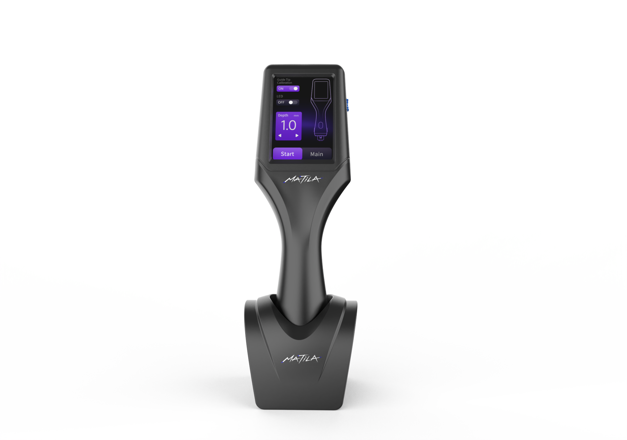 MATILA RF Microneedling device in black colorway on docking base